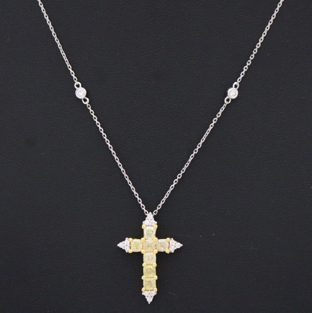 14K TWO TONE GOLD 1.79 TCW NATURAL YELLOW DIAMOND 1" CROSS W/ 18" GOLD NECKLACE (1 of 2)