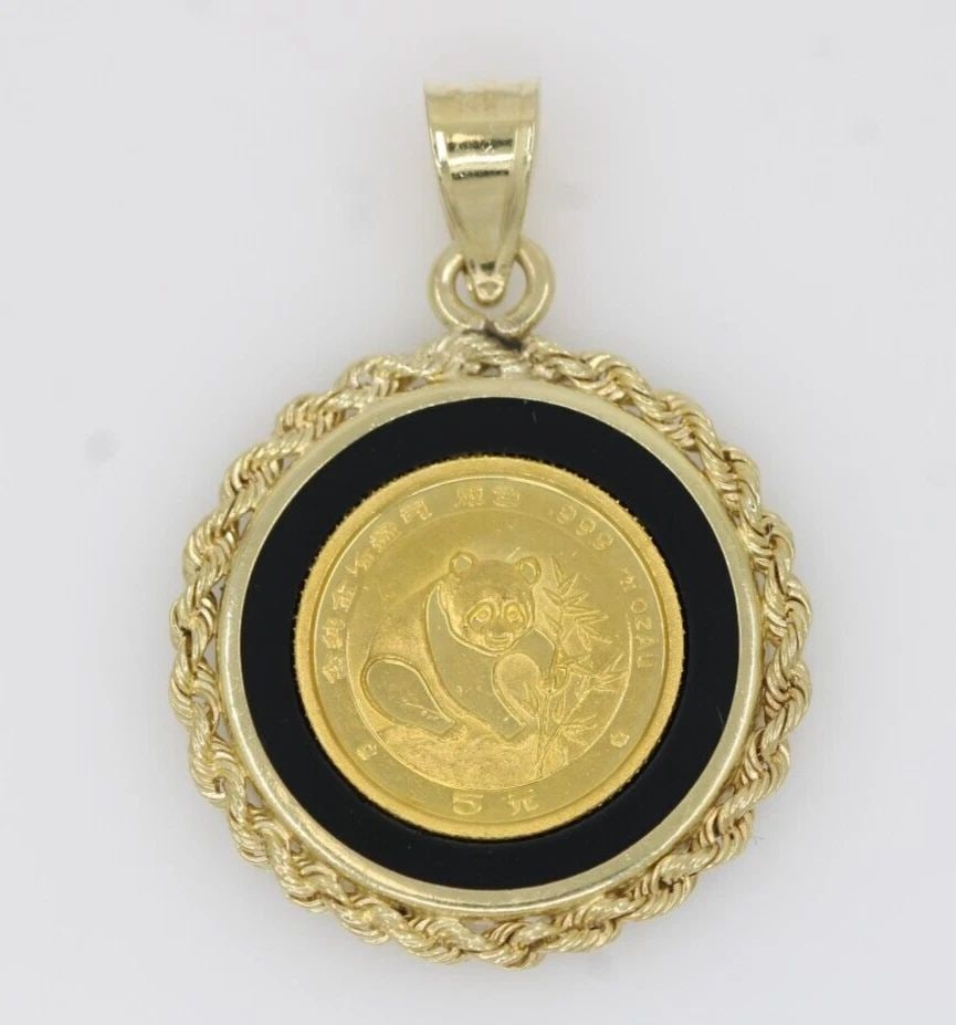 1988 1/20 OZ .999 GOLD CHINESE 5 YUAN PANDA COIN IN 14K YELLOW PENDANT: 1988 1/20 OZ .999 GOLD CHINESE 5 YUAN PANDA COIN IN 14K YELLOW PENDANT 1988 1/20 OZ .999 GOLD CHINESE 5 YUAN PANDA COIN IN 14K YELLOW PENDANT Description 1988 1/20 oz .999 Gold Chinese 5 Yuan Panda Co