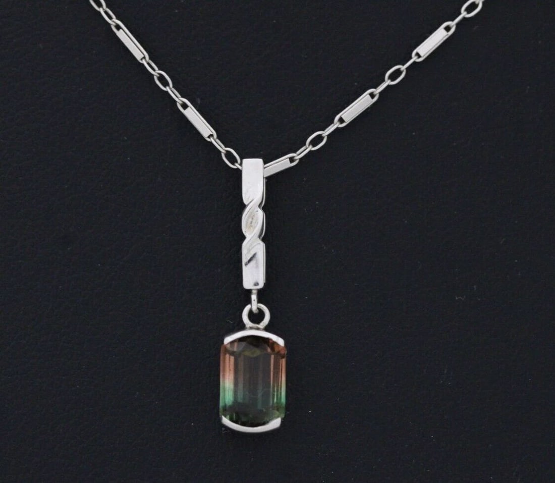14K WHITE GOLD WATERMELON TOURMALINE 18" NECKLACE & EARRINGS SET 4.8 GRAMS (1 of 2)
