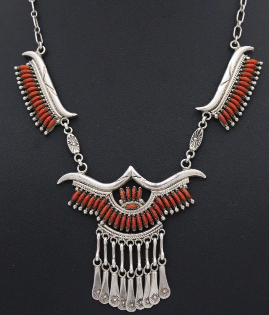 ZUNI NORBERT HASKIE STERLING SILVER RED CORAL NEEDLE POINT NECKLACE 17" (1 of 2)