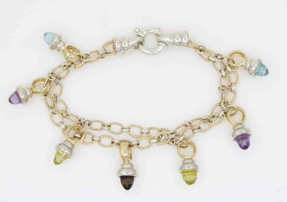 PETER BRAMS 14K GOLD & STERLING TWO-TONE MULTICOLOR GEMSTONE BRACELET 7" ~ 26.3G (1 of 2)