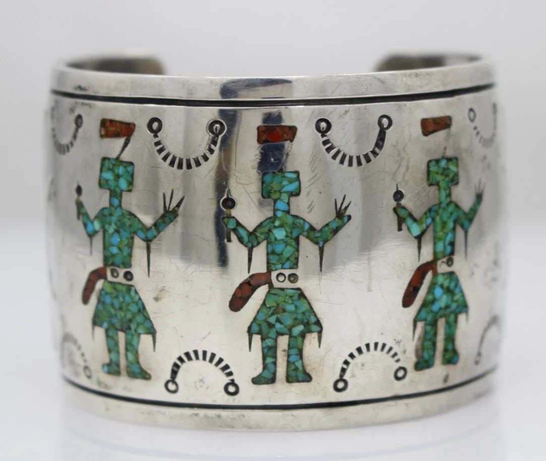 NAVAJO JAMES SHAY STERLING SILVER KACHINA TURQUOISE & CORAL INLAY CUFF BRACELET (1 of 2)