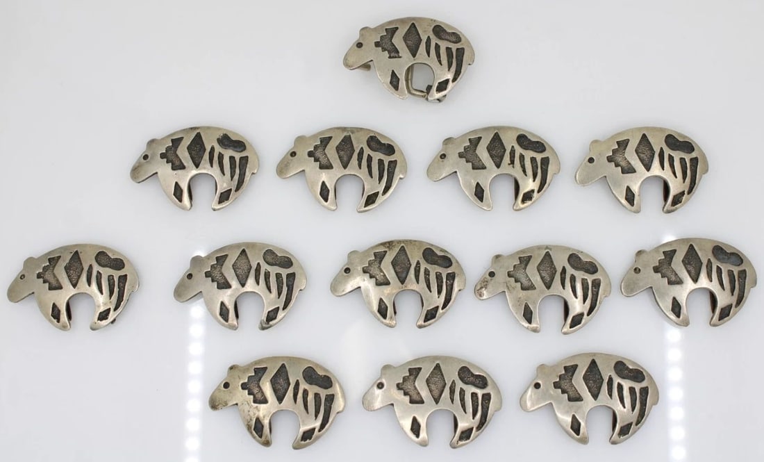NATIVE AMERICAN SOUTHWEST STERLING 13 BEAR CONCHO BELT SLIDES & BUCKLE SET (1 of 2)