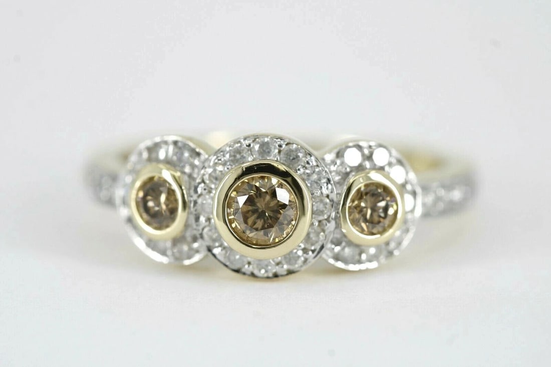 14K YELLOW GOLD 0.80 TCW 3 STONE DIAMOND HALO PAVE RING SIZE 7.5 ~ 2.8G (1 of 2)