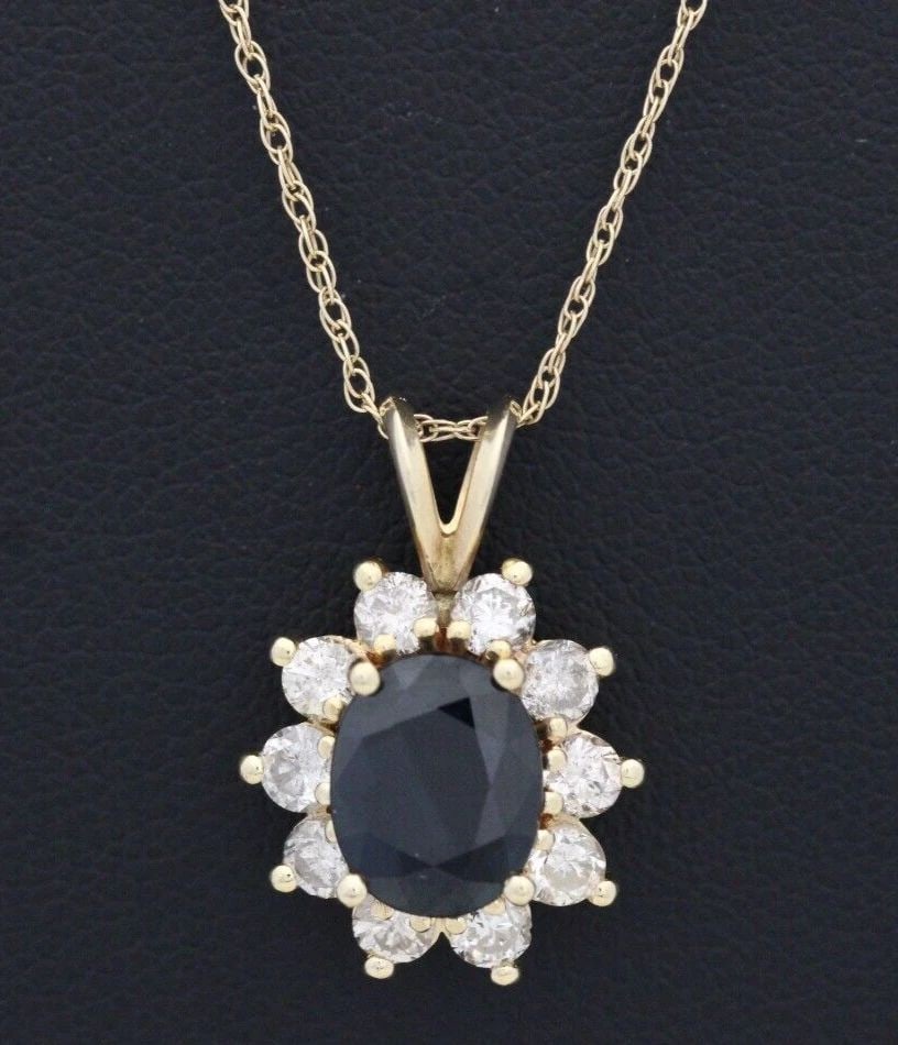 14K YELLOW GOLD OVAL BLUE SAPPHIRE & DIAMOND PENDANT W/ 18" CHAIN NECKLACE: 14K YELLOW GOLD OVAL BLUE SAPPHIRE & DIAMOND PENDANT W/ 18" CHAIN NECKLACE 14K YELLOW GOLD OVAL BLUE SAPPHIRE & DIAMOND PENDANT W/ 18" CHAIN NECKLACE Description 14K Yellow Gold Oval Blue Sapphire & D