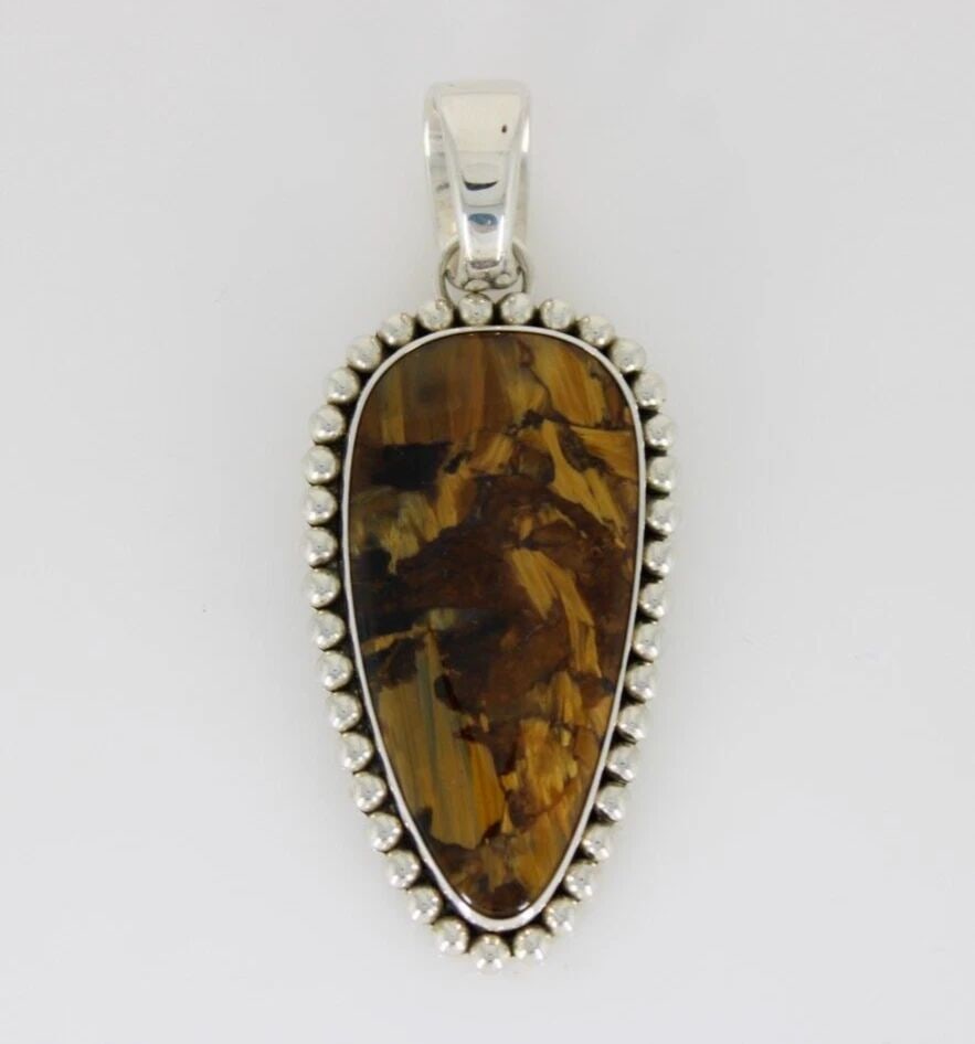 NAVAJO ARTIE YELLOWHORSE STERLING SILVER BROWN PIETERSITE 3" TRAPEZOID PENDANT (1 of 2)