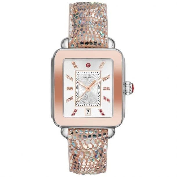 MICHELE DECO SPORT TWO-TONE STAINLESS STEEL IRIDESCENT LIZARD STRAP WATCH (1 of 2)