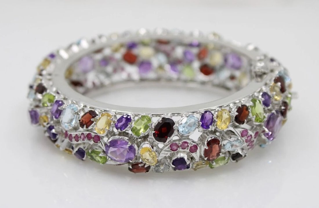 STERLING SILVER MULTI-COLORED GEMSTONE WIDE BANGLE 7" BRACELET 79.3 GRAMS (1 of 2)