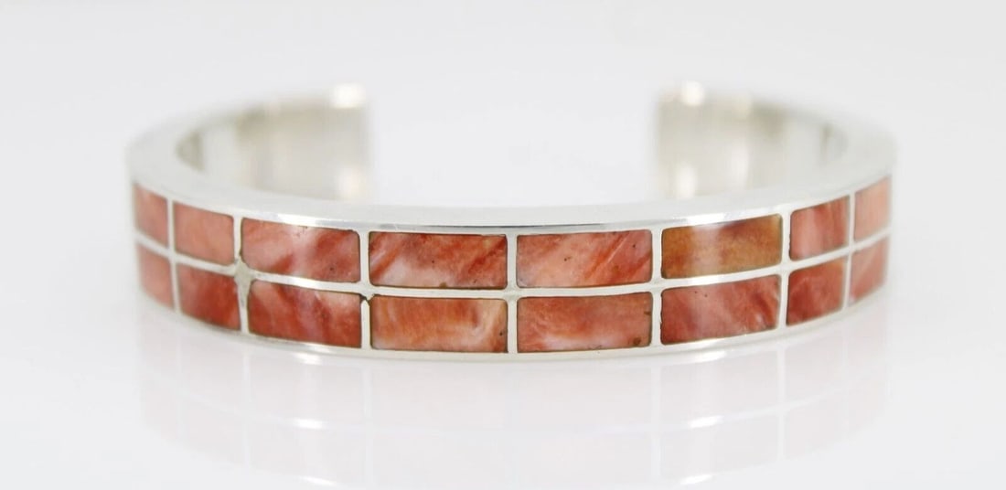 FEDERICO JIMENEZ STERLING RED ORANGE SPINY OYSTER SHELL INLAY CUFF BRACELET (1 of 2)