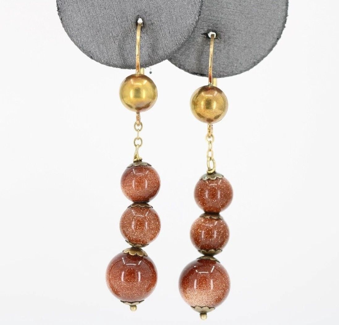 VINTAGE 18K YELLOW GOLD BROWN DIAMOND GOLDSTONE DANGLE LEVER BACK EARRINGS 4.1G (1 of 2)