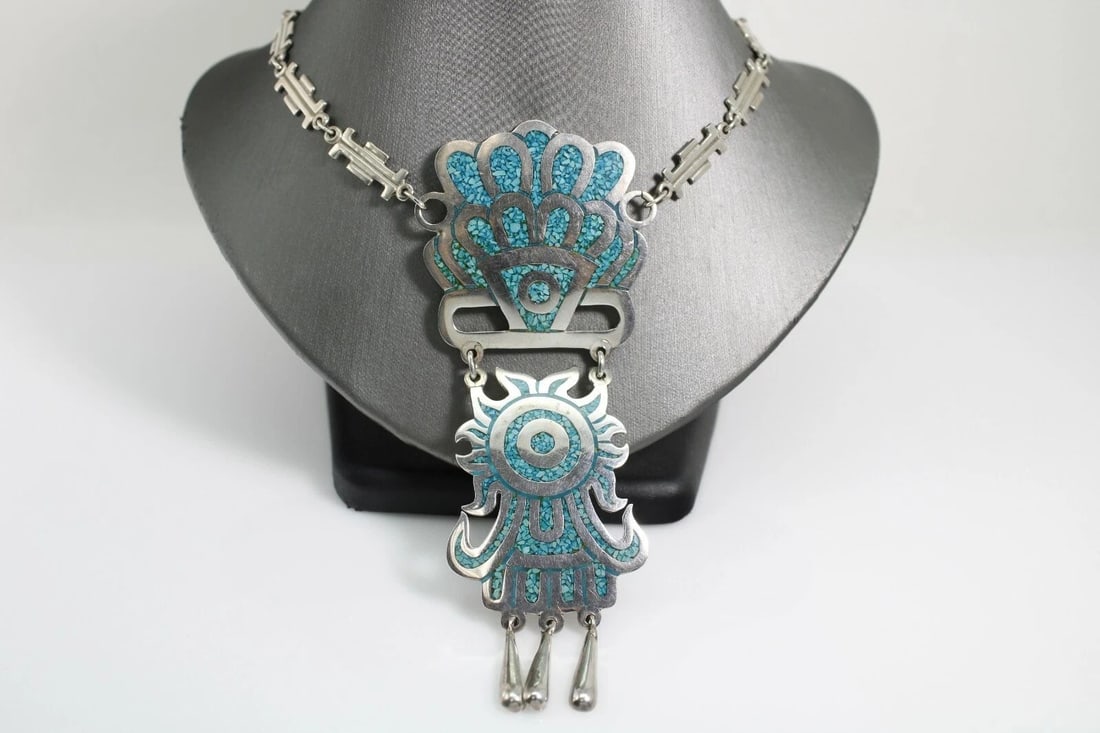 LARGE VINTAGE TAXCO 950 STERLING MOSAIC TURQUOISE PENDANT NECKLACE 75.2 G (1 of 2)