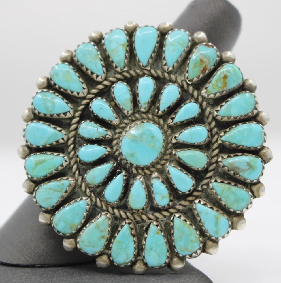 NATIVE AMERICAN NAVAJO STERLING SILVER TURQUOISE CLUSTER BROOCH PIN PENDANT 1.8" (1 of 2)
