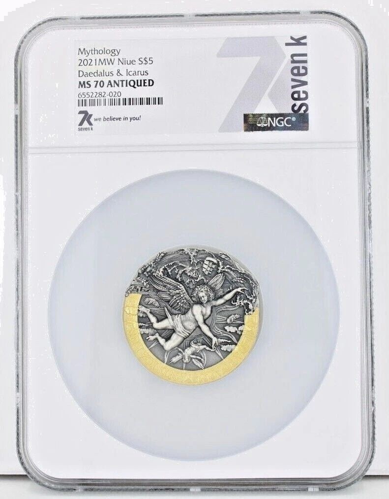 MYTHOLOGY 2021 MW NIUE S$5 DAEDALUS & ICARUS NGC MS 70 ANTIQUED 2 OZ SILVER COIN (1 of 2)