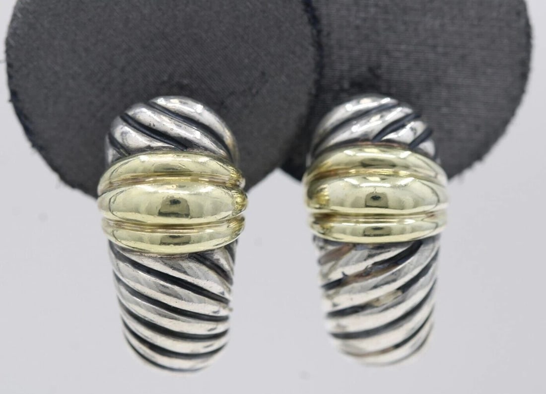 DAVID YURMAN STERLING SILVER & 14K YELLOW GOLD SHRIMP CABLE OMEGA BACK EARRINGS: DAVID YURMAN STERLING SILVER & 14K YELLOW GOLD SHRIMP CABLE OMEGA BACK EARRINGS DAVID YURMAN STERLING SILVER & 14K YELLOW GOLD SHRIMP CABLE OMEGA BACK EARRINGS Description David Yurman Sterling Silver