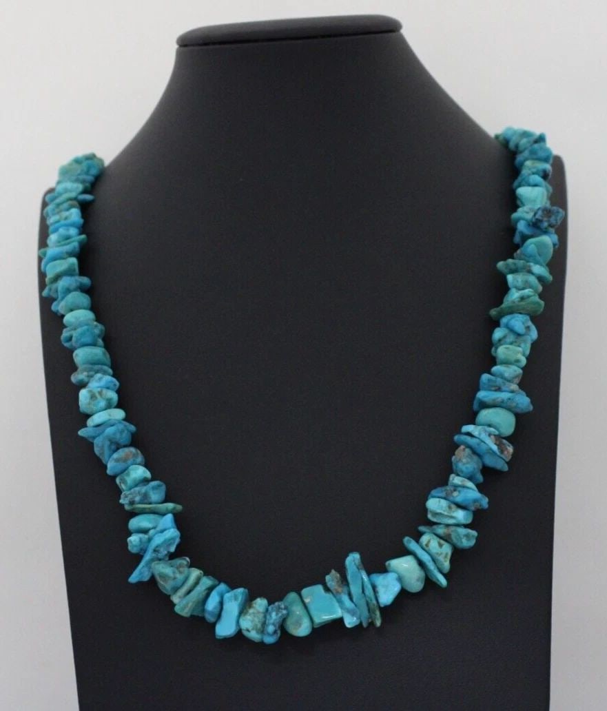 VTG NATIVE AMERICAN STERLING SILVER NATURAL TURQUOISE NUGGET BEAD 28" NECKLACE (1 of 2)