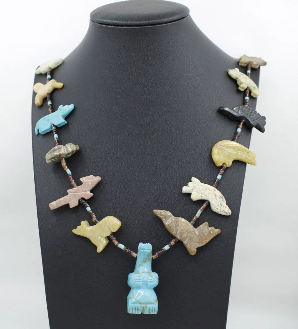 ZUNI FETISH HEISHI STERLING SILVER TURQUOISE BEAR WOLF BIRD ANIMAL 30" NECKLACE (1 of 2)