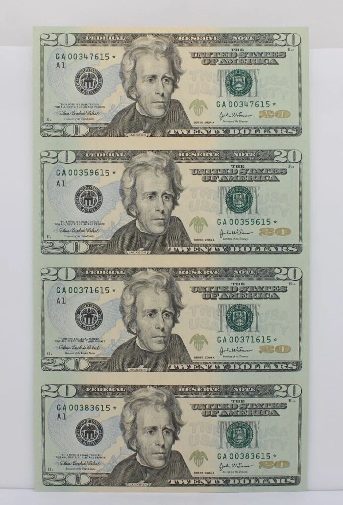 UNCUT SHEET OF FOUR (4) $20 TWENTY DOLLAR BILLS - 2004 A STAR NOTE UNCIRCULATED (1 of 2)
