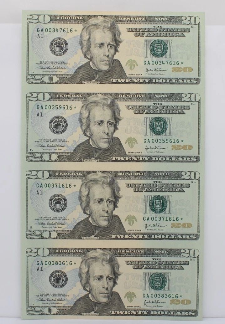 UNCUT SHEET OF FOUR (4) $20 TWENTY DOLLAR BILLS - 2004 A STAR NOTE UNCIRCULATED (1 of 2)