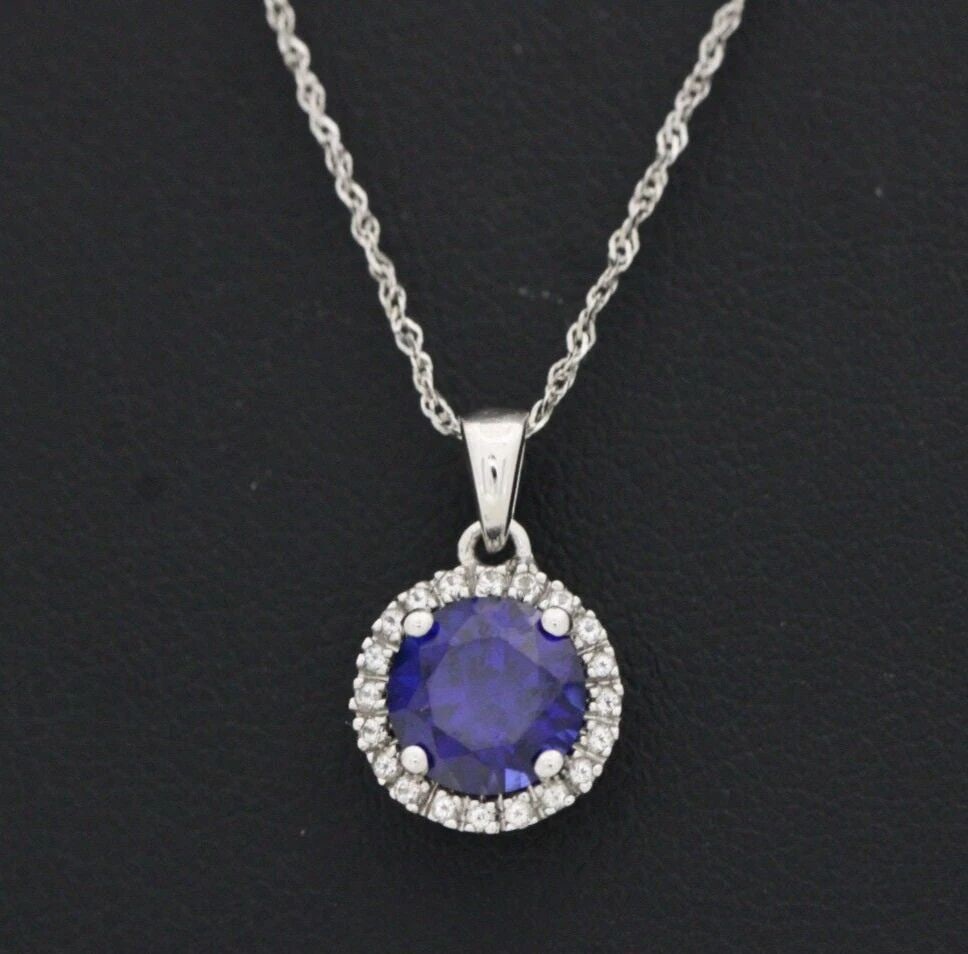 10K WHITE GOLD BLUE SAPPHIRE & HALO DIAMONDS 15MM PENDANT W/ 18" NECKLACE (1 of 2)