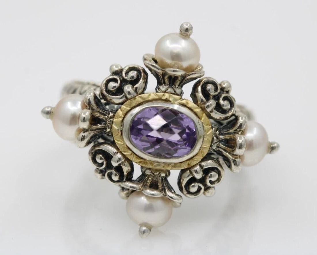 BARBARA BIXBY STERLING & 18K YELLOW GOLD CROSS AMETHYST PEARL RING SIZE 7 (1 of 2)