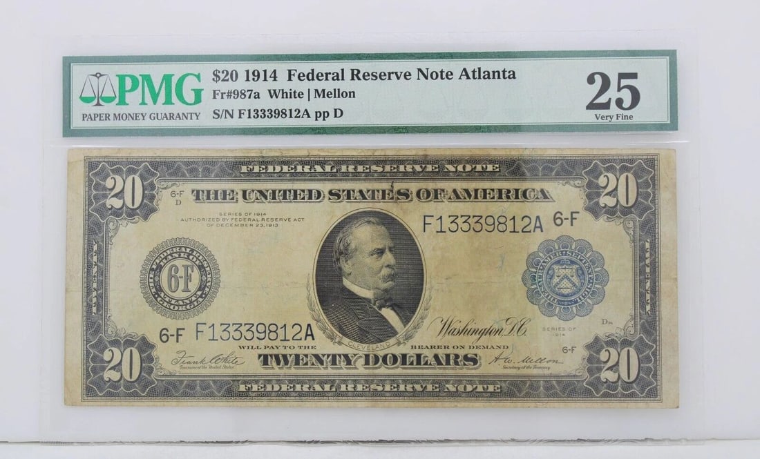 $20 1914 FEDERAL RESERVE NOTE ATLANTA PMG 25 VERY FINE S/N F13339812A PP D (1 of 2)