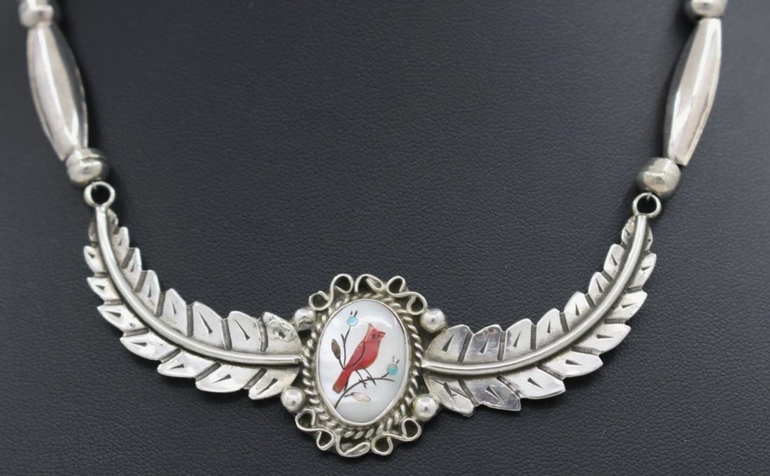 NAVAJO NILA COOK JOHNSON STERLING SILVER CORAL INLAY CARDINAL NECKLACE 15" (1 of 2)