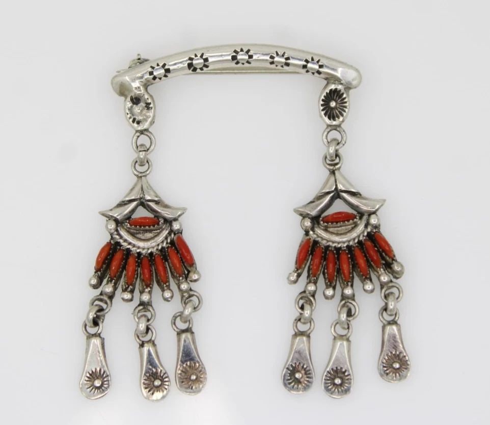 ZUNI NORBERT HASKIE STERLING SILVER RED CORAL NEEDLE POINT BROOCH PIN (1 of 2)