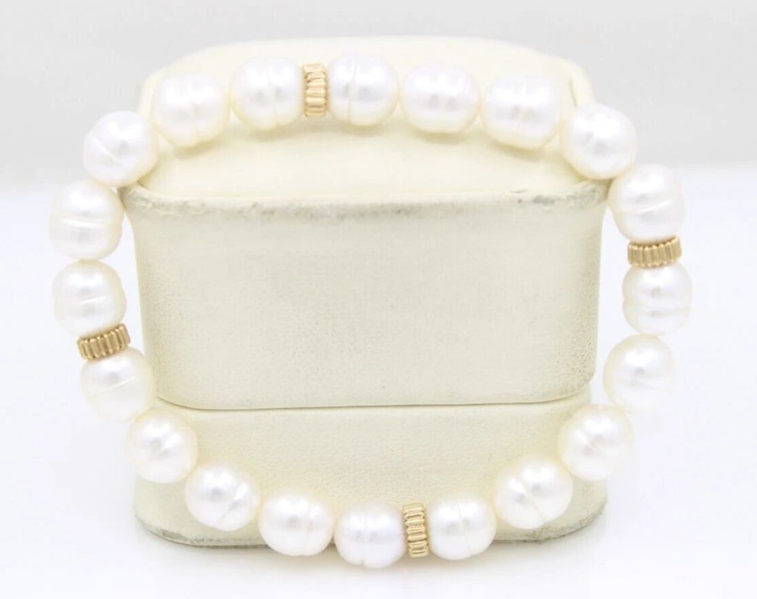 CULTURED 8.5MM SOUTH SEA PEARLS STRETCH BRACELET W/ 14K YELLOW GOLD SPACERS (1 of 2)