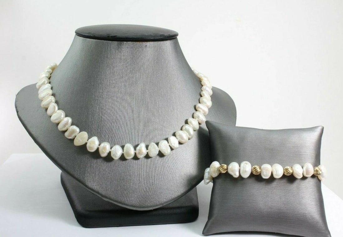 24" NATURAL FRESHWATER PEARL & 14K YELLOW GOLD NECKLACE & 6.5" BRACELET (1 of 2)