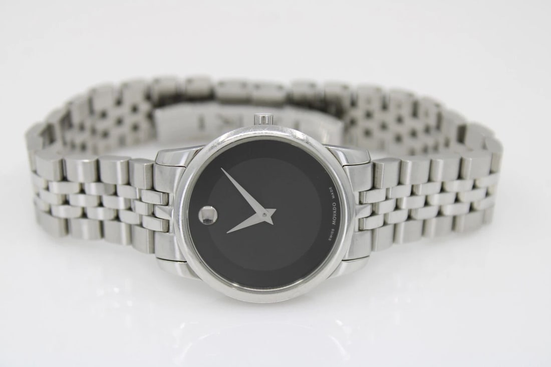 LADIES MOVADO MUSEUM CLASSIC STAINLESS STEEL WATCH BLACK DIAL 07.3.14.1143 28MM (1 of 2)