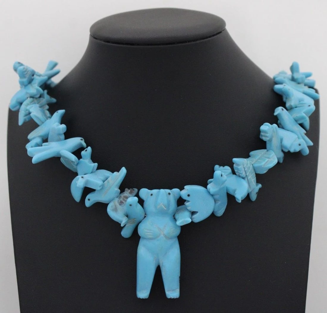 VINTAGE NATIVE AMERICAN STYLE STACKED SQUAW WRAP FETISH TURQUOISE NECKLACE 30" (1 of 2)