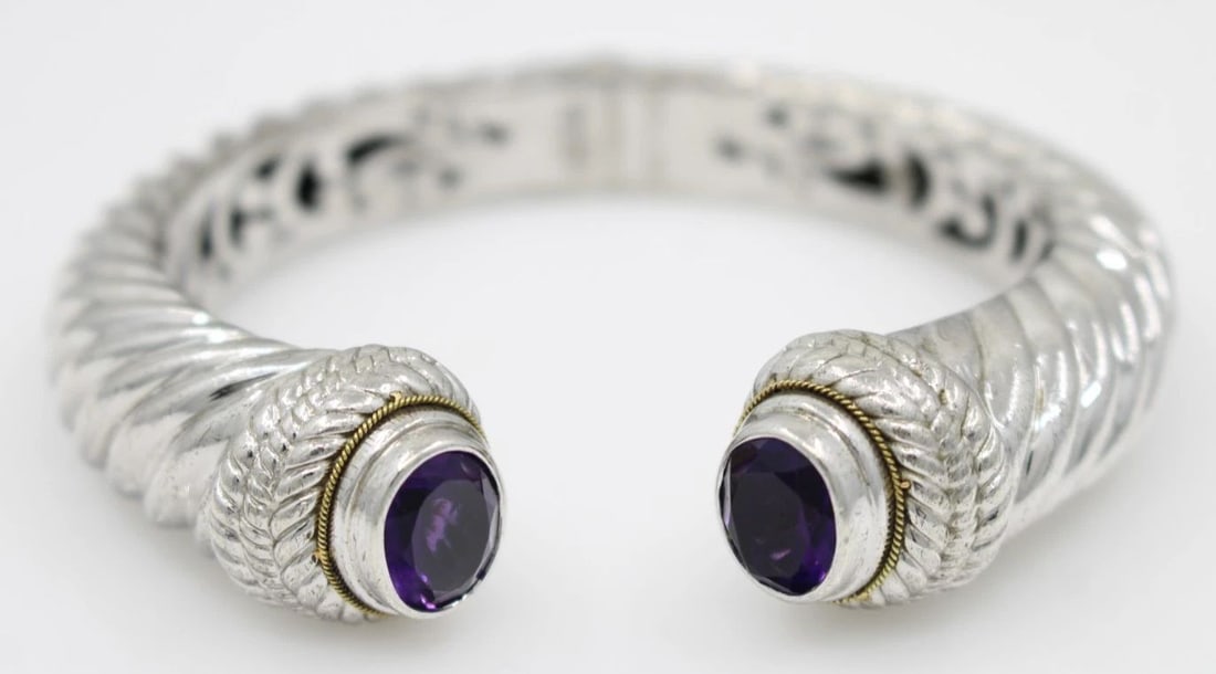 ROBERT MANSE STERLING SILVER & 18K GOLD AMETHYST HINGED CUFF BRACELET 7.5" (1 of 2)