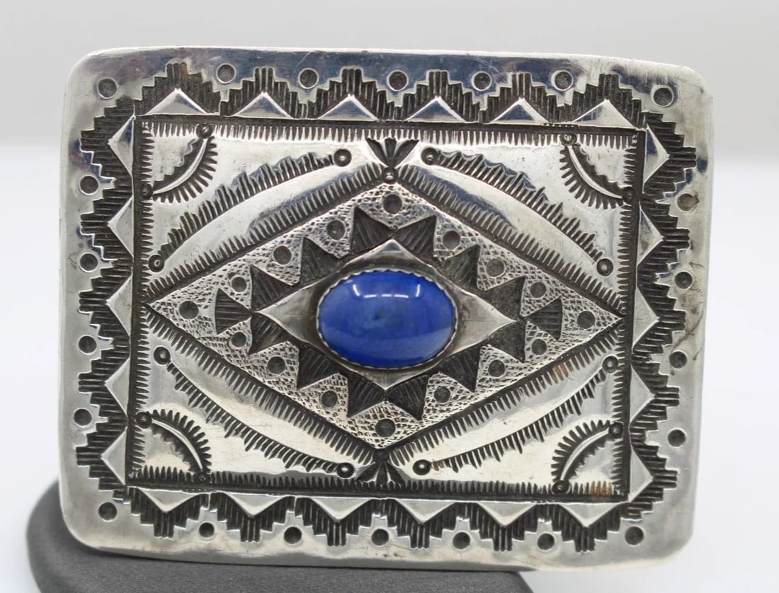 NAVAJO HENRY SAM STERLING SILVER LAPIS BELT BUCKLE 48.6 GRAMS (1 of 2)