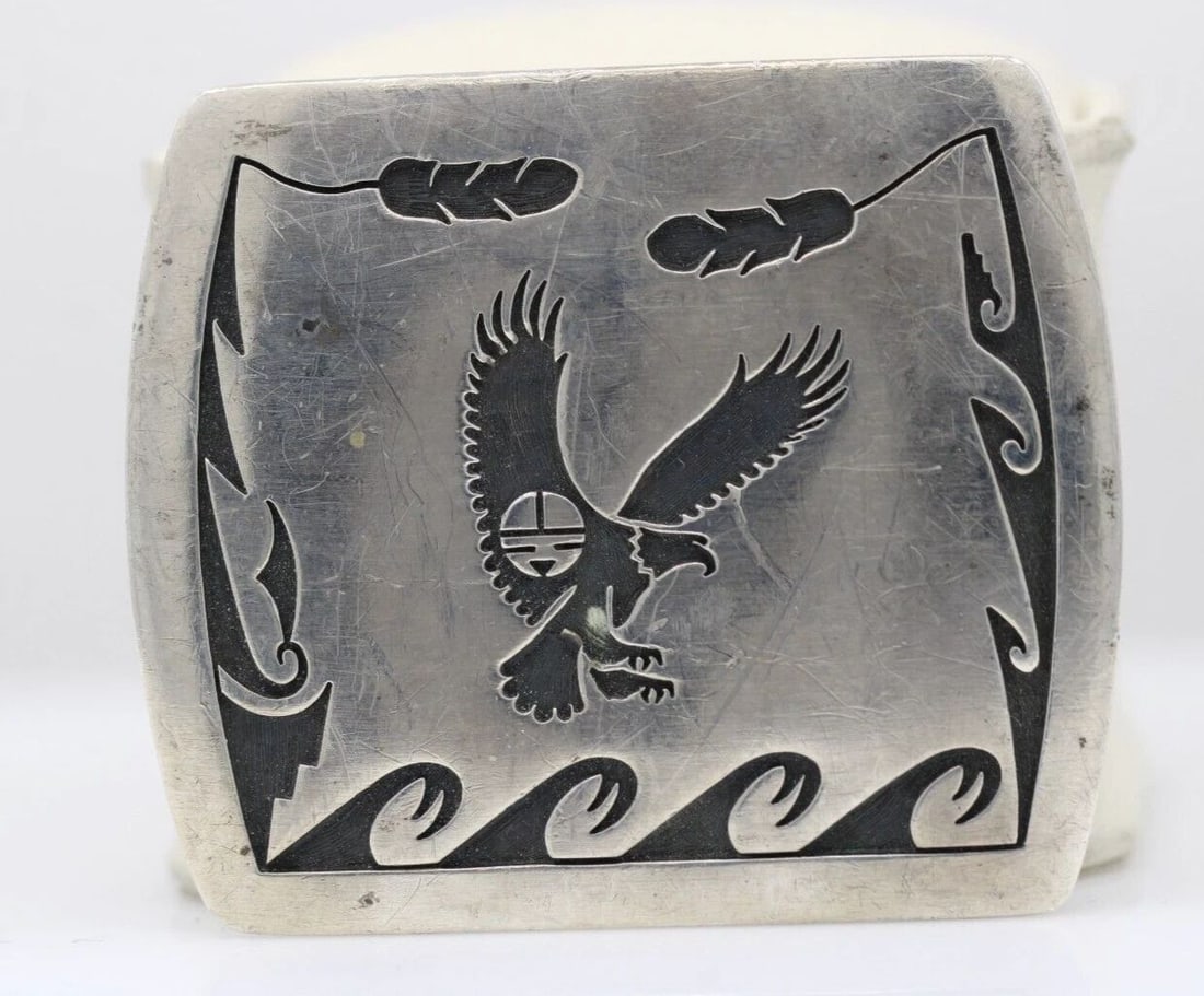 VINTAGE LEONARD MALONEY NAVAJO LM STERLING ETCHED EAGLE 2.25" BUCKLE BELT 42.4G (1 of 2)