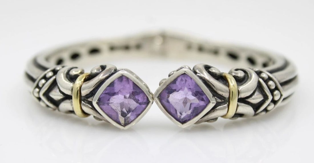 SAMUEL BENHAM BJC STERLING SILVER & 18K GOLD AMETHYST CUFF BRACELET 37.9 GR: SAMUEL BENHAM BJC STERLING SILVER & 18K GOLD AMETHYST CUFF BRACELET 37.9 GR SAMUEL BENHAM BJC STERLING SILVER & 18K GOLD AMETHYST CUFF BRACELET 37.9 GR Description Samuel Benham BJC Sterling Silver & 