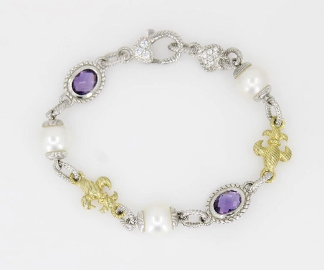 JUDITH RIPKA STERLING SILVER AMETHYST & PEARL FLEUR-DE-LIS BRACELET 7" ~ 14.3 G (1 of 2)