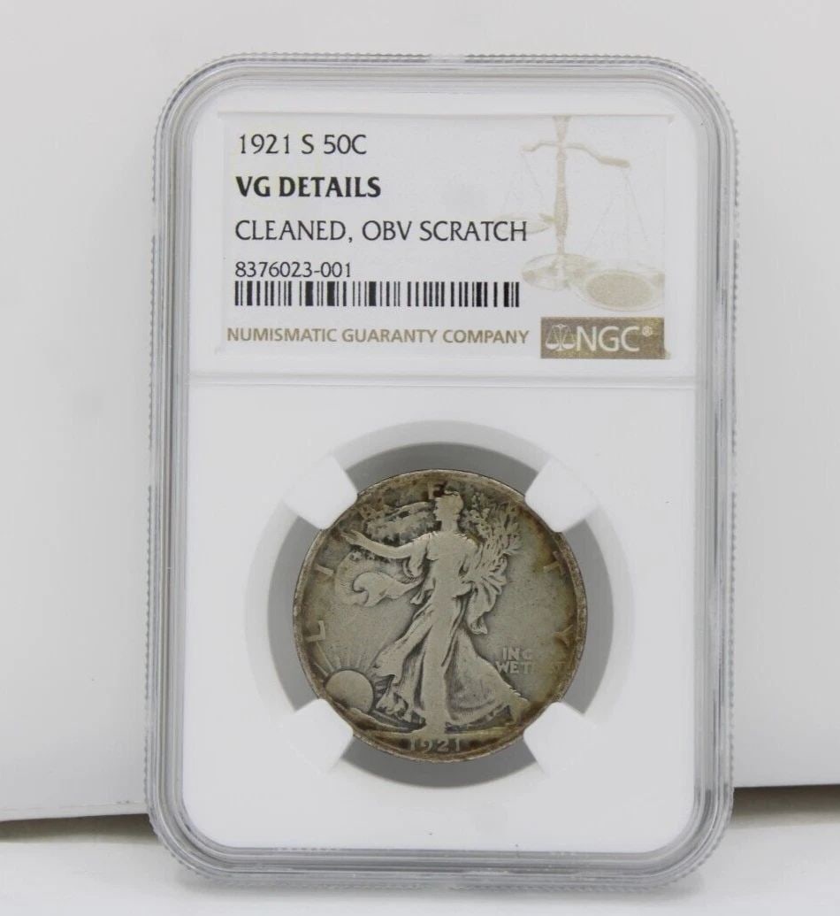1921 S 50C NGC VG DETAILS CLEANED, OBV SCRATCH WALKING LIBERTY HALF DOLLAR COIN: 1921 S 50C NGC VG DETAILS CLEANED, OBV SCRATCH WALKING LIBERTY HALF DOLLAR COIN 1921 S 50C NGC VG DETAILS CLEANED, OBV SCRATCH WALKING LIBERTY HALF DOLLAR COIN Description 1921 S 50C NGC VG Details Cl