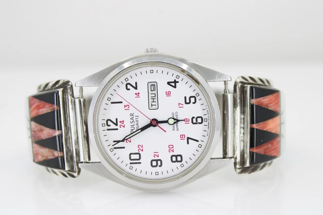 CHERYL WADSWORTH HOPI INDIAN STERLING SILVER WATCH TIPS W/ PULSAR WATCH V533-9A0 (1 of 2)