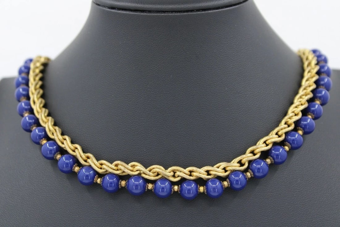 MIRIAM HASKELL 2 STRAND GOLD TONE BLUE FAUX LAPIS 30" NECKLACE (1 of 2)