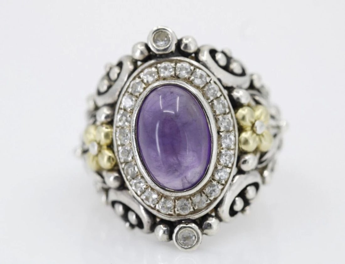 BARBARA BIXBY STERLING 18K NIRVANA AMETHYST & WHITE TOPAZ RING SIZE 7.5: BARBARA BIXBY STERLING 18K NIRVANA AMETHYST & WHITE TOPAZ RING SIZE 7.5 Description Barbara Bixby Sterling 18k Nirvana Amethyst & White Topaz Ring Designer item is in great condition. May show signs o