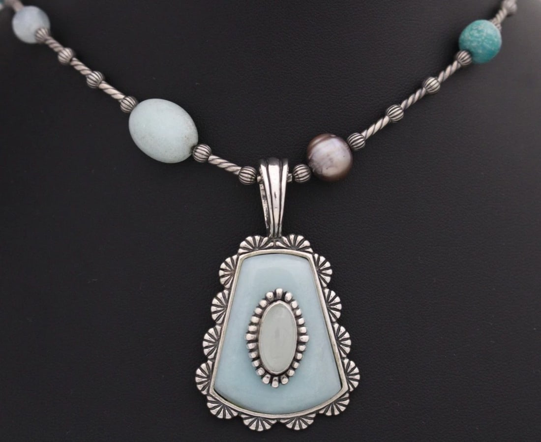 CAROLYN POLLACK STERLING SILVER RELIOS AMAZONITE MILKY AQUAMARINE NECKLACE 35" (1 of 2)