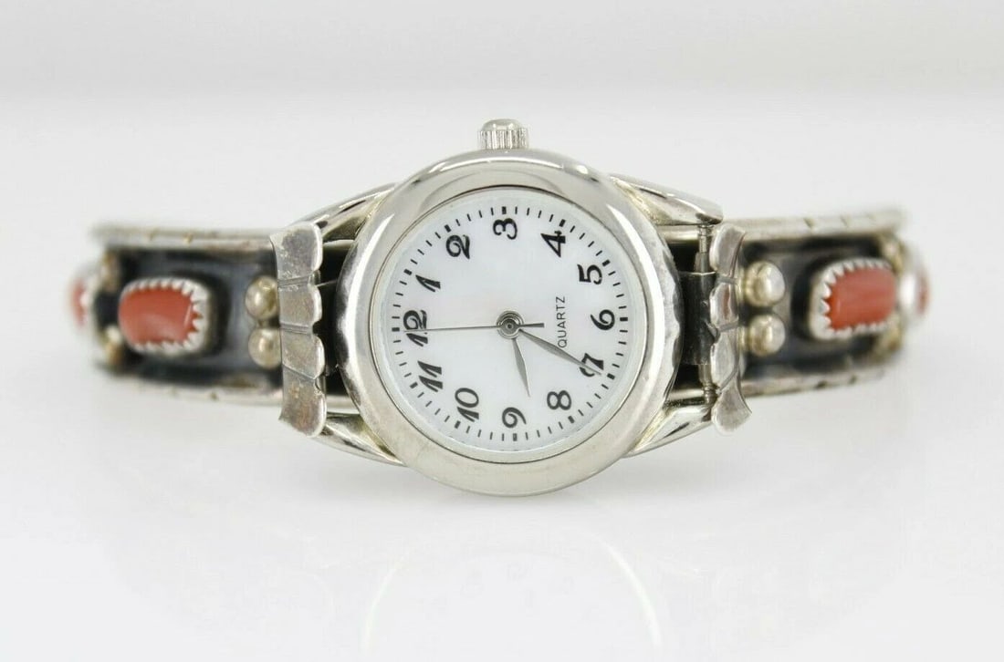 R CHARLEY NATIVE AMERICAN RED CORAL STERLING SILVER CUFF WATCH BRACELET 6.5" (1 of 2)