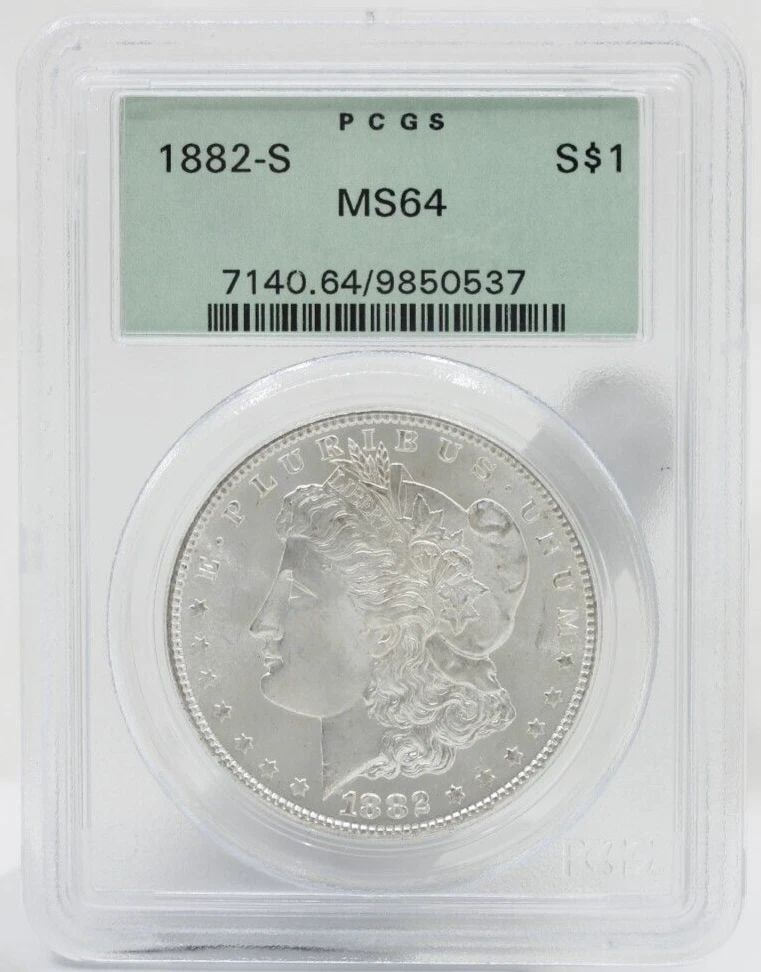 1882 S MORGAN SILVER DOLLAR $1 PCGS MS64 OLD GREEN HOLDER: 1882 S MORGAN SILVER DOLLAR $1 PCGS MS64 OLD GREEN HOLDER Description 1882 S Morgan Silver Dollar $1 PCGS MS64 Old Green Holder Coins has been graded as a MS-64 by NGC. The protective plastic holder m
