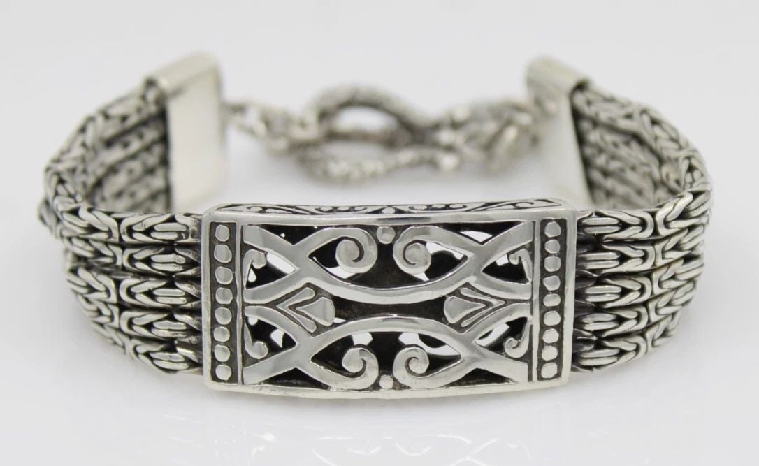 STERLING SILVER FIVE ROW BYZANTINE TOGGLE BRACELET 6.5" - 52.8 G (1 of 2)