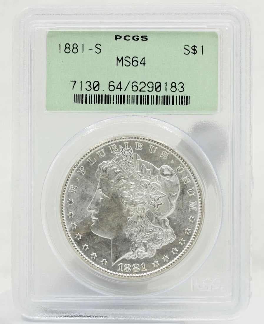 1881 S MORGAN SILVER DOLLAR $1 PCGS MS64 OGH: 1881 S MORGAN SILVER DOLLAR $1 PCGS MS64 OGH Description 1881 S Morgan Silver Dollar $1 PCGS MS64 OGH Coins has been graded as a MS-64 by NGC. The protective plastic holder may show signs of shelf wea
