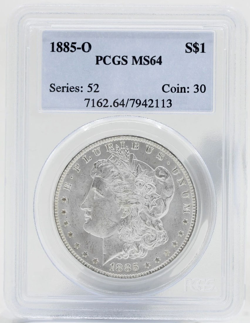 1885 O MORGAN SILVER DOLLAR $1 PCGS MS64: 1885 O MORGAN SILVER DOLLAR $1 PCGS MS64 1885 O MORGAN SILVER DOLLAR $1 PCGS MS64 Description 1885 O Morgan Silver Dollar $1 PCGS MS64 Coins has been graded as a MS-64 by NGC. The protective plastic h
