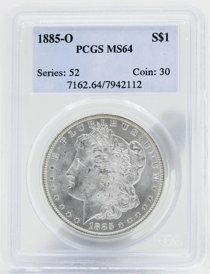 1885 O MORGAN SILVER DOLLAR $1 PCGS MS64: 1885 O MORGAN SILVER DOLLAR $1 PCGS MS64 1885 O MORGAN SILVER DOLLAR $1 PCGS MS64 Description 1885 O Morgan Silver Dollar $1 PCGS MS64 Coins has been graded as a MS-64 by NGC. The protective plastic h