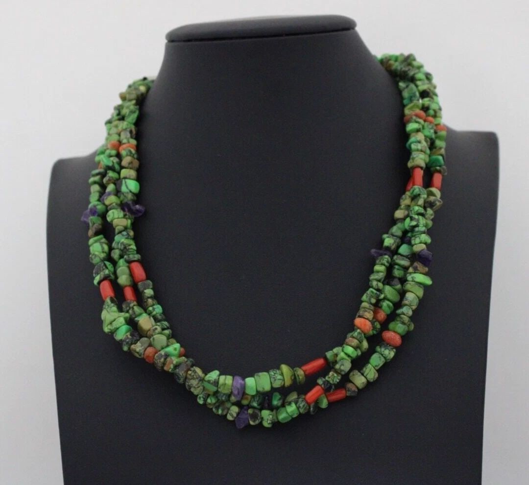 RUNNING BEAR RB TRADING CO. STERLING TRIPLE STRAND TURQUOISE NUGGET NECKLACE (1 of 2)