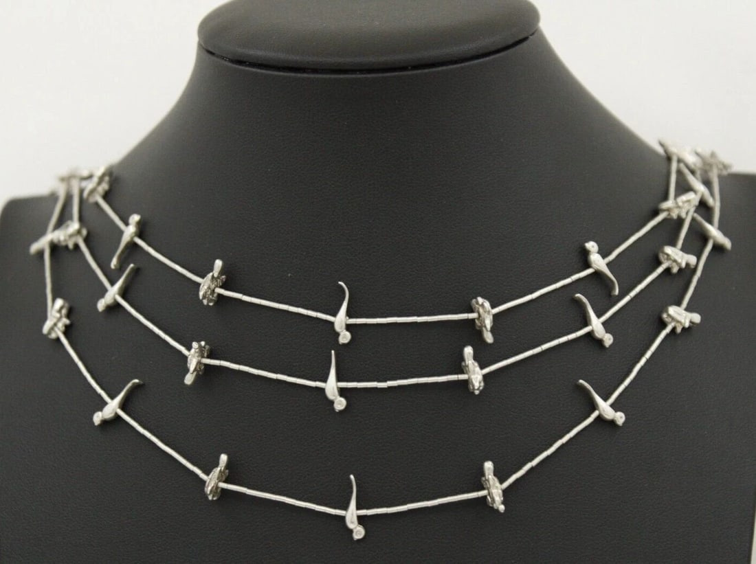 NATIVE AMERICAN LIQUID SILVER 3 STRAND BEAR, FROG, BIRD & TURTLE 28" NECKLACE (1 of 2)