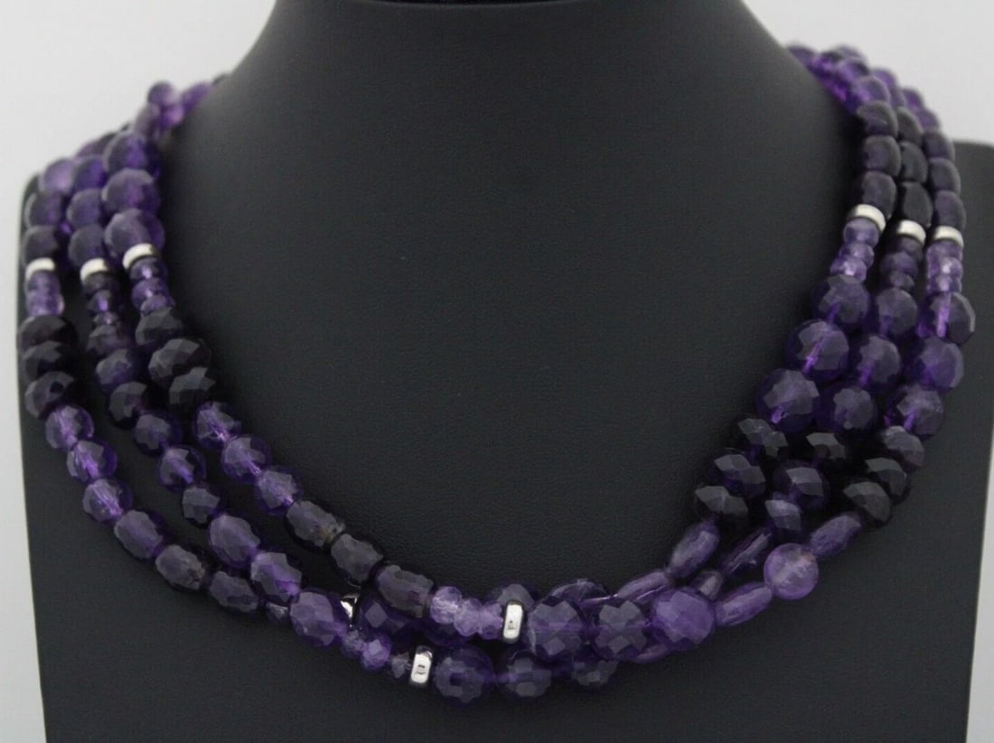 JAY KING STERLING SILVER 3 STRAND 9.6MM PURPLE AMETHYST BEADED 21" NECKLACE (1 of 2)